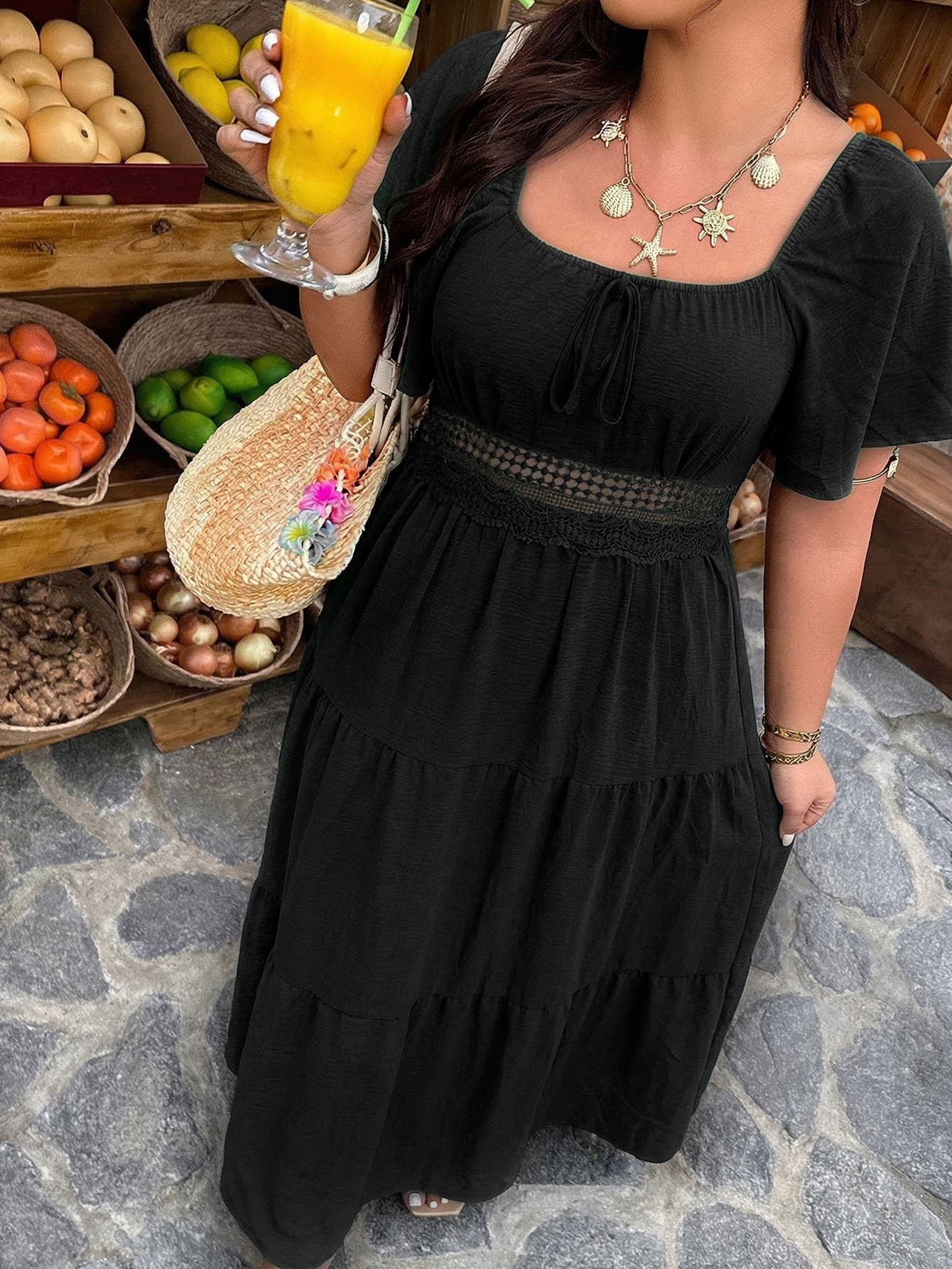 Square Neck Lace Trim Tiered Maxi Dress | 2025 Spring Summer Boho Casual Curvy Dress