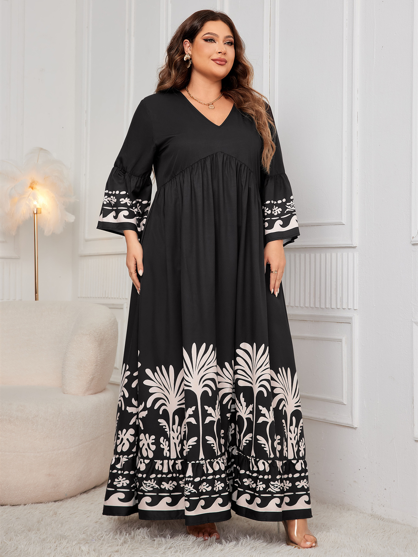 Tropical Print V-Neck Flare Sleeve Maxi Dress | Curvy Women's Resort Wear