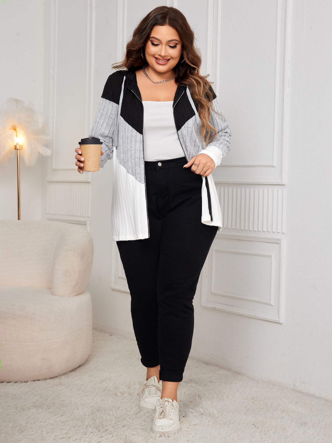 Colorblock Ribbed Knit Zip-Up Hoodie | Casual Curvy Long Sleeve Jacket