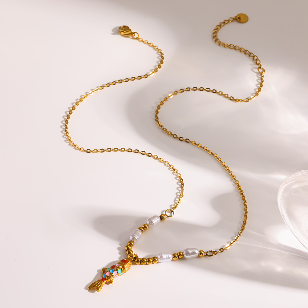 Multicolor Enamel Koi Necklace with Pearl-Bead V Front