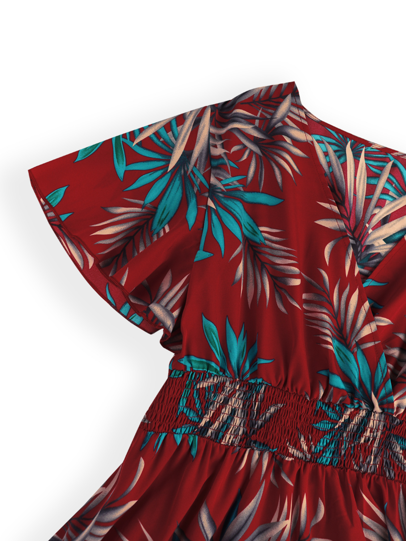 Tropical Palm Print Surplice V-Neck Flutter Sleeve Midi Dress | Curvy Vacation Casual Dress