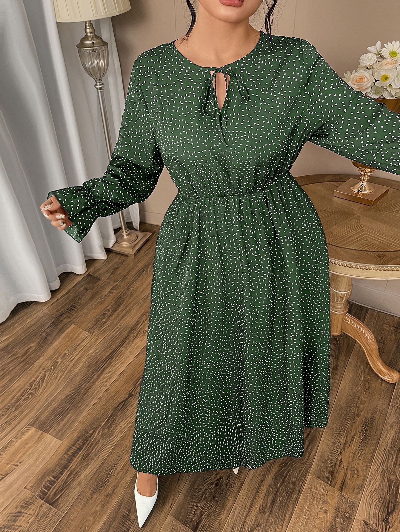 Polka Dot Tie Neck Long Sleeve Maxi Dress | Year-Round Casual Curvy A-Line Dress