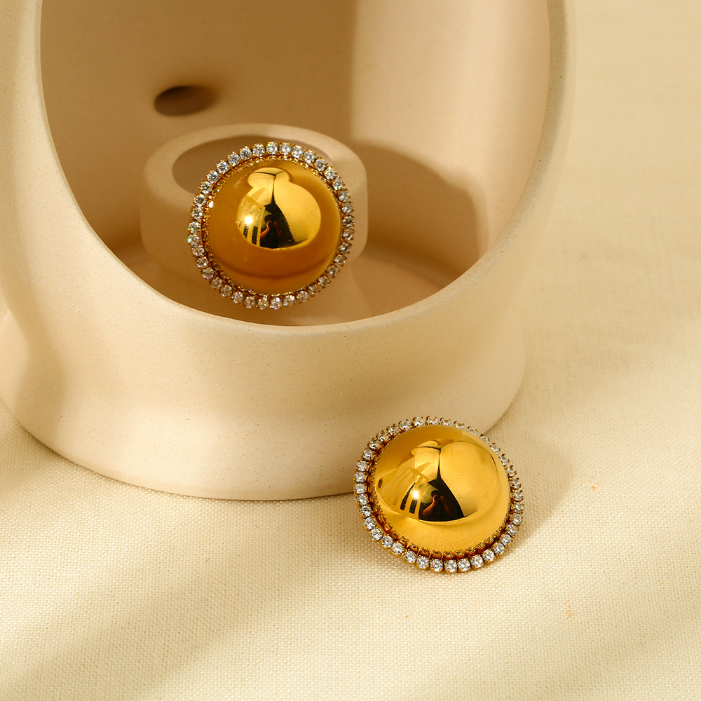 Dome Ball Halo Zircon Border Gold Statement Stud Earrings