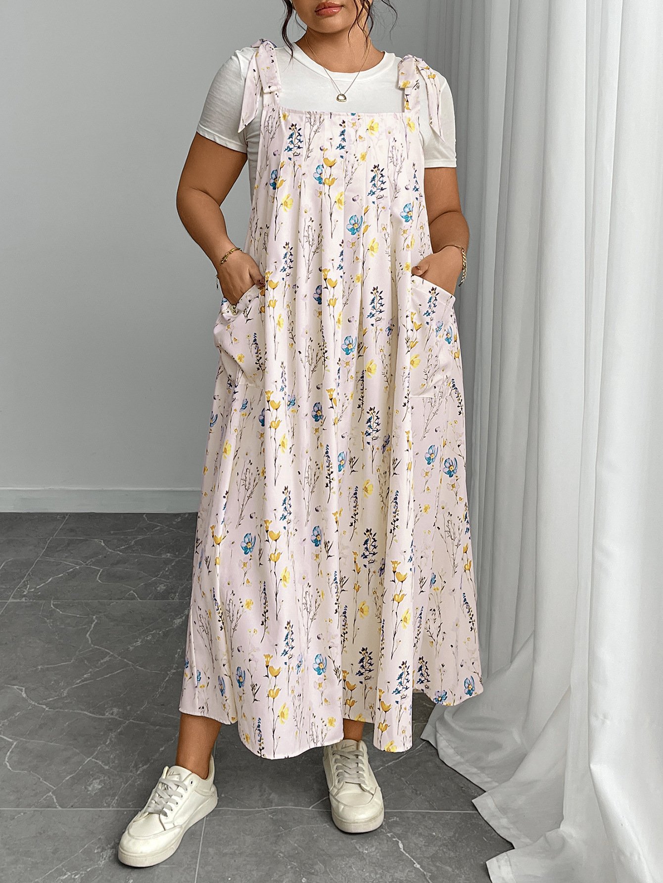 Tie Shoulder Pleated Maxi Pinafore Dress | Year-Round Casual Loose Fit Curvy Overall Dress