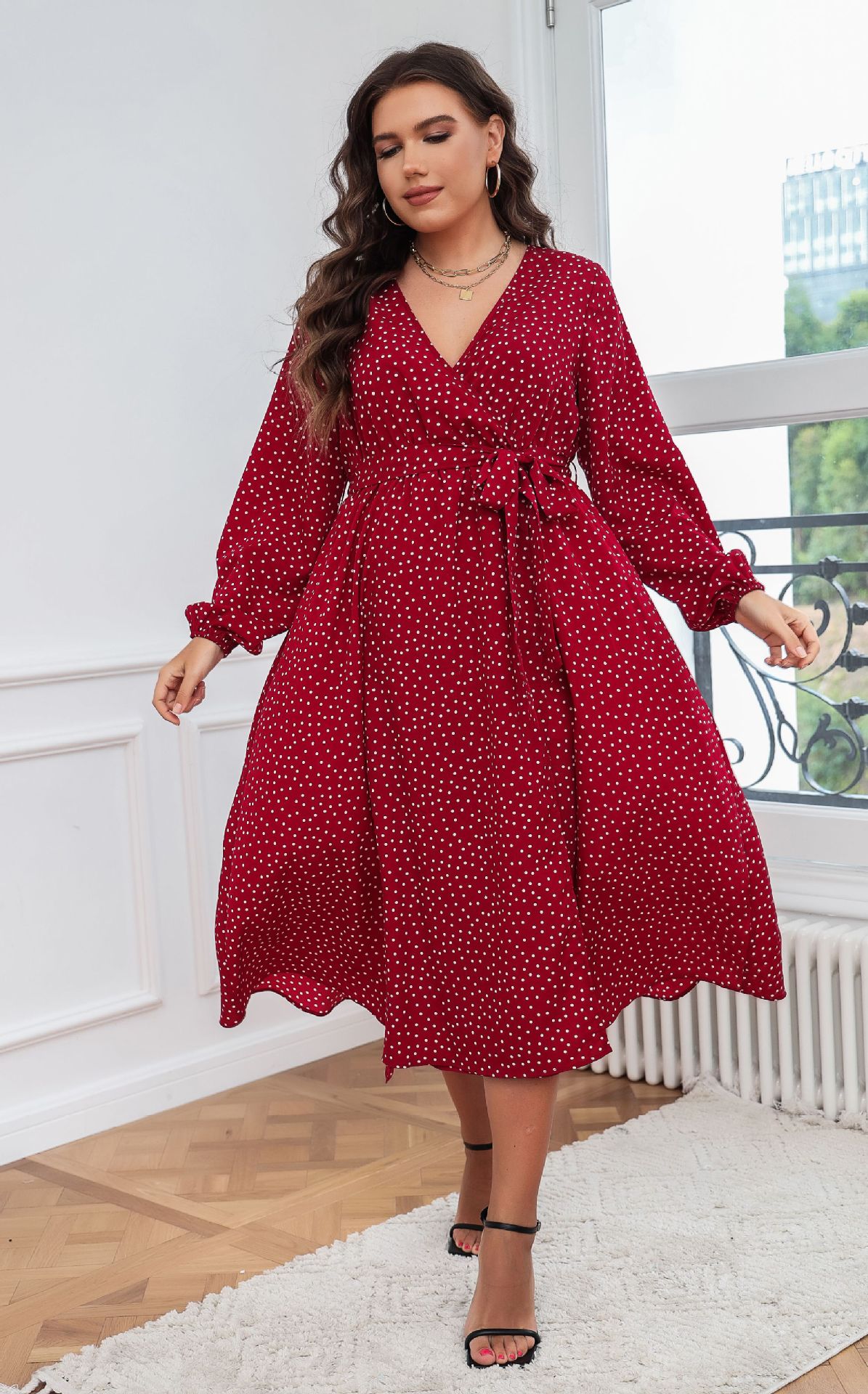 Polka Dot Wrap V-Neck Long Sleeve Midi Dress | Curvy Women's Flowy Slit Dress