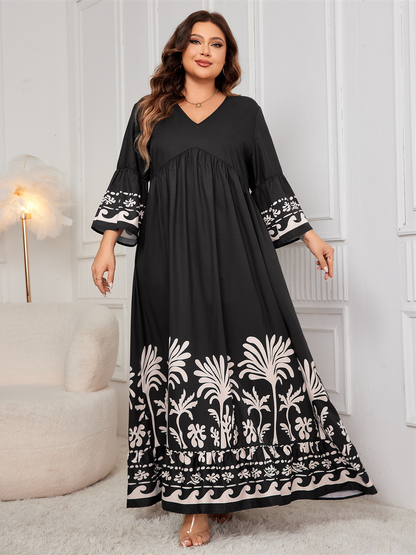 Tropical Print V-Neck Flare Sleeve Maxi Dress | Curvy Women's Resort Wear