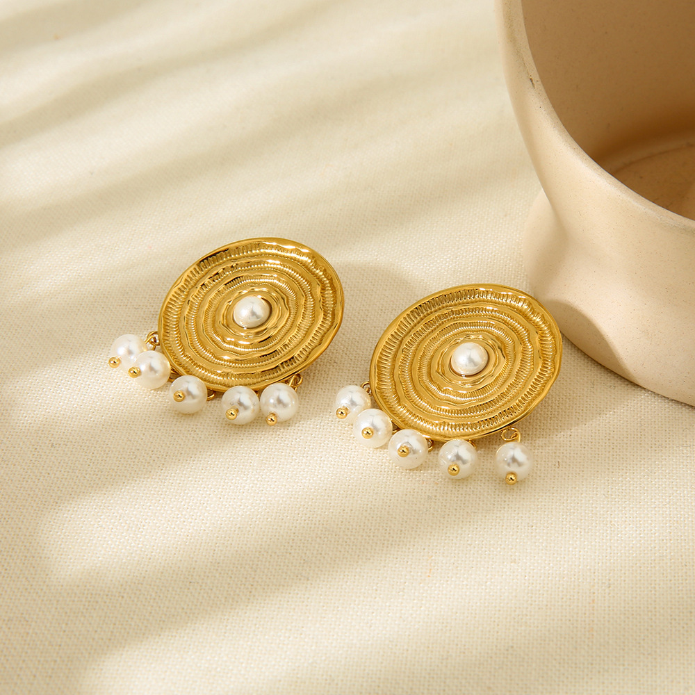 Vintage Concentric Disc Pearl Drop Stud Earrings
