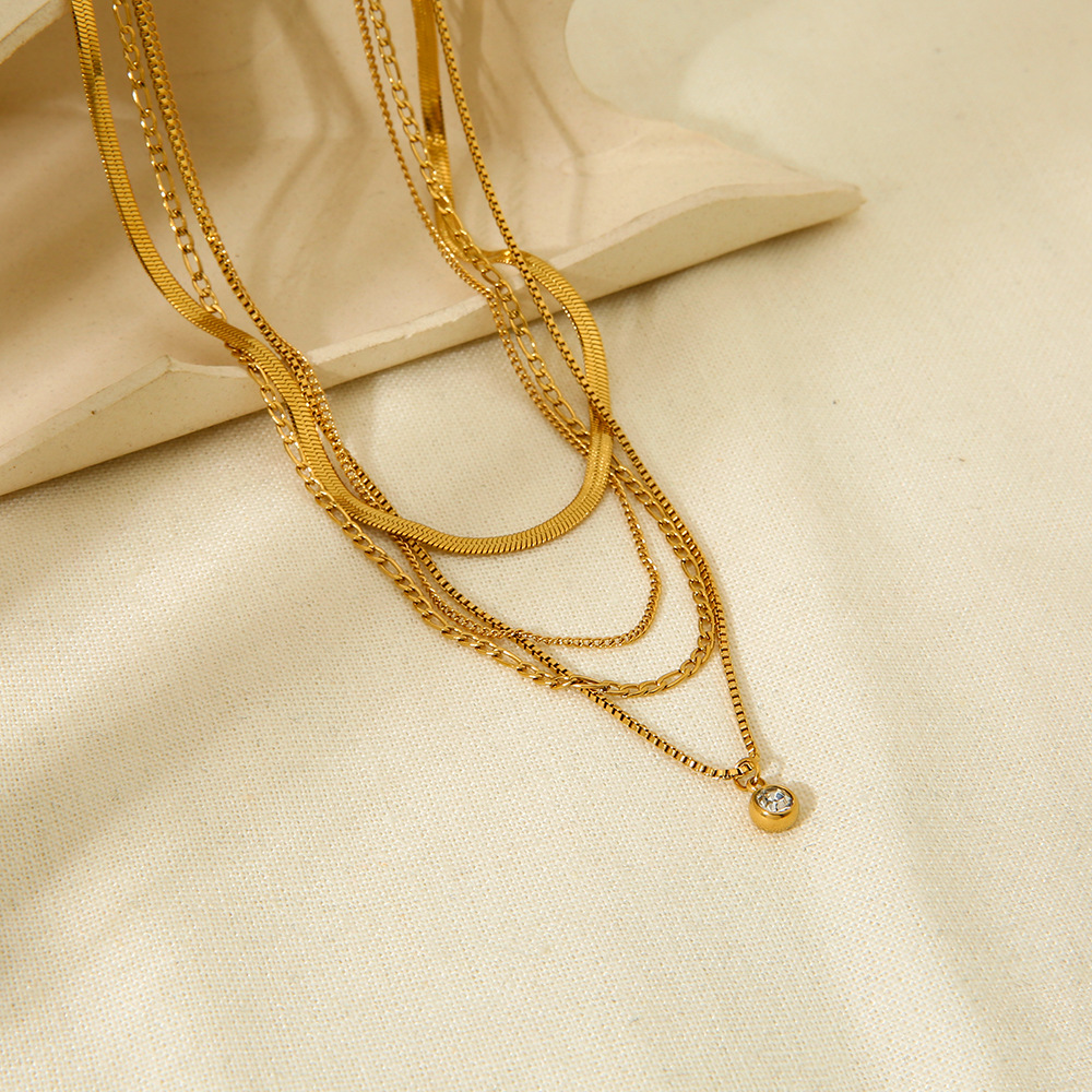Four-Tier Mixed Chain Necklace with Bezel Crystal Drop