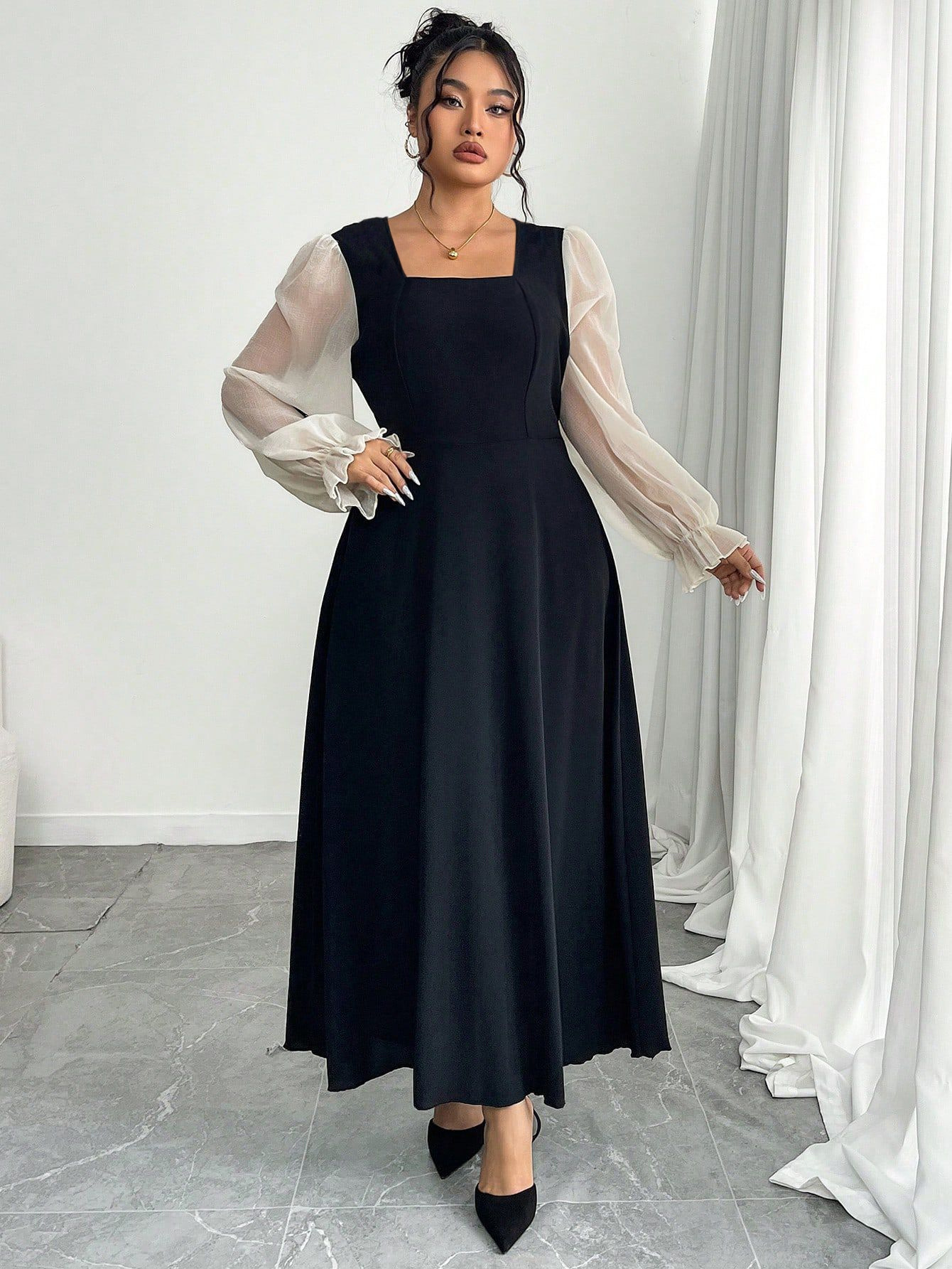 Contrast Sheer Puff Sleeve Square Neck Midi Dress | Curvy Women's Elegant A-Line Dress