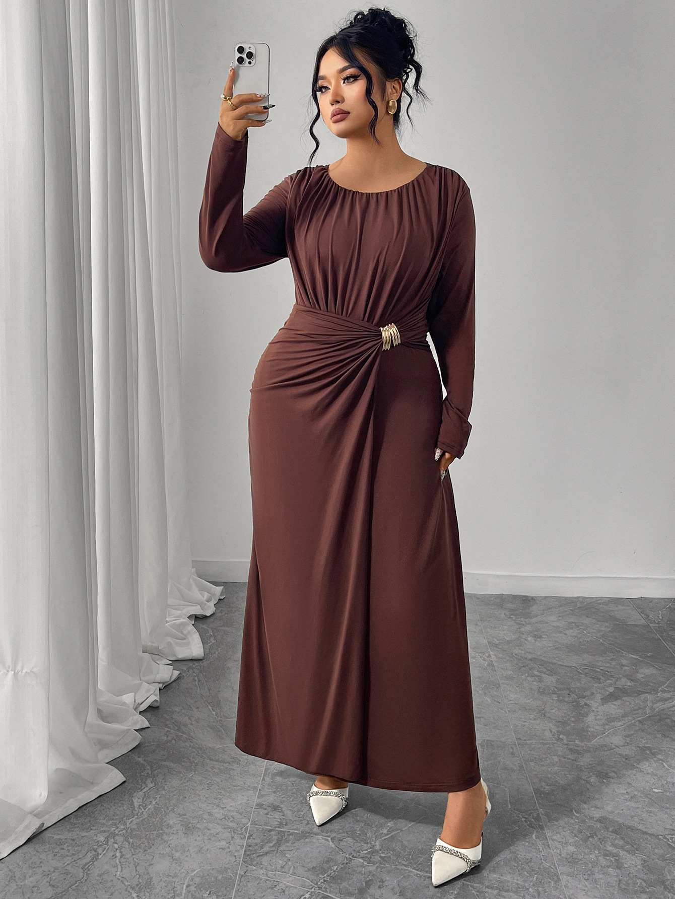 Ruched Waist Long Sleeve Maxi Dress | Elegant Curvy Formal Dress