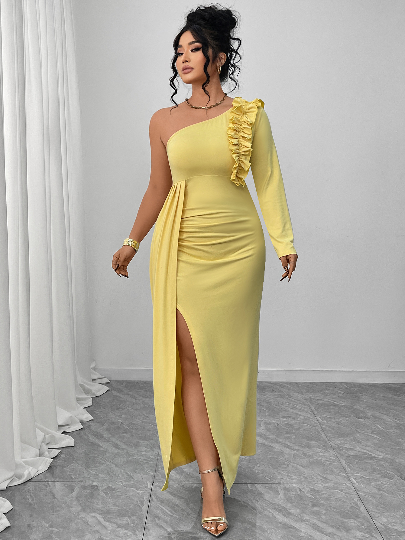 One-Shoulder Ruffle Slit Maxi Dress | Curvy Women's Elegant Formal Party Dress