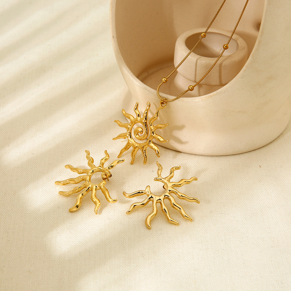 18K Gold Plated Abstract Spiral Sun Earring & Pendant Necklace Matching Jewelry Set