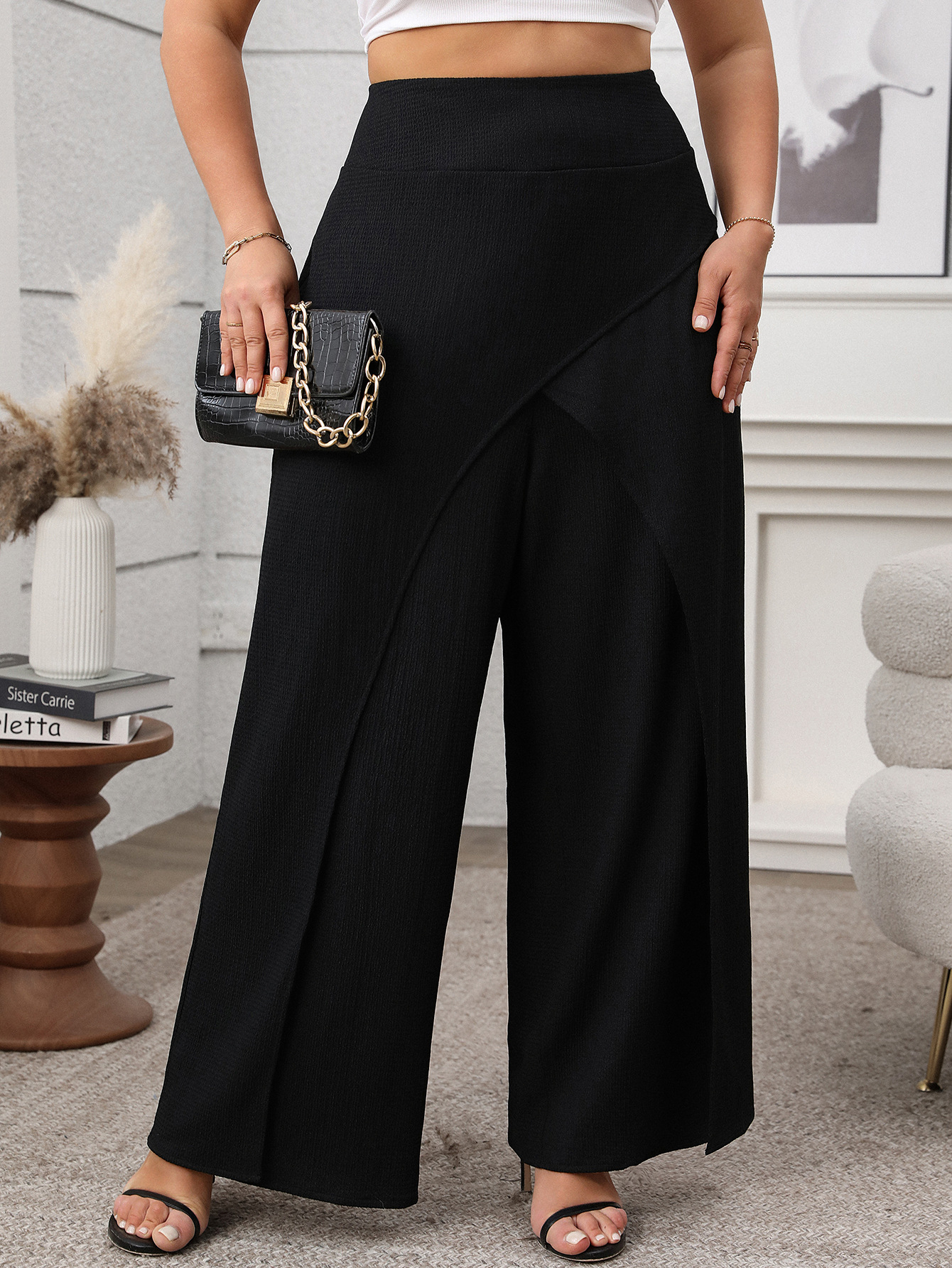 High Waisted Crisscross Front Slit Wide Leg Pants | Curvy Women's Flowy Palazzo Trousers