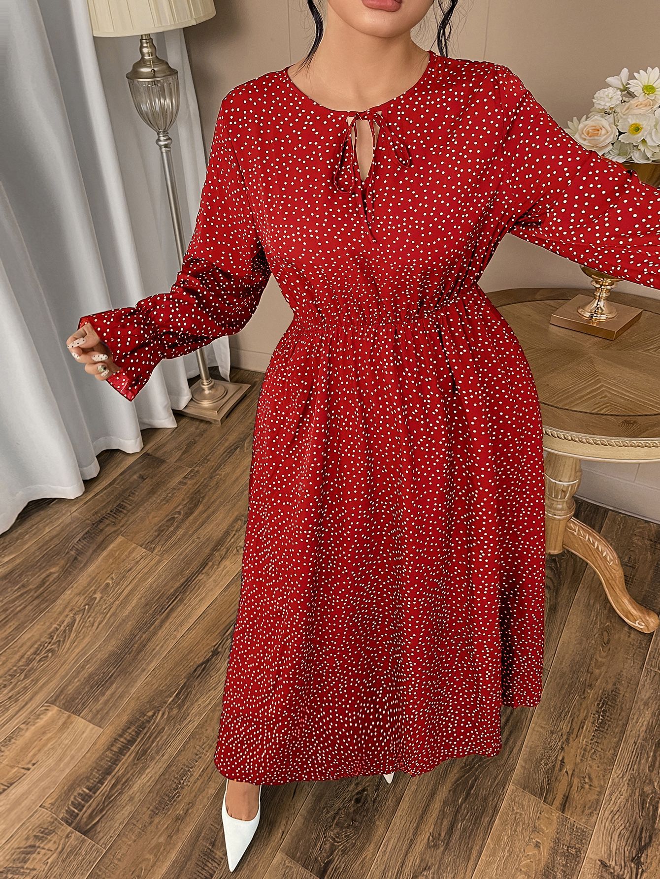 Polka Dot Tie Neck Long Sleeve Maxi Dress | Year-Round Casual Curvy A-Line Dress