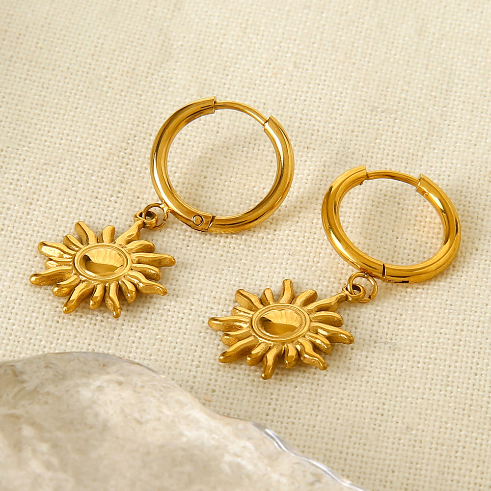 Vintage Sun Charm Huggie Drop Hoop Earrings