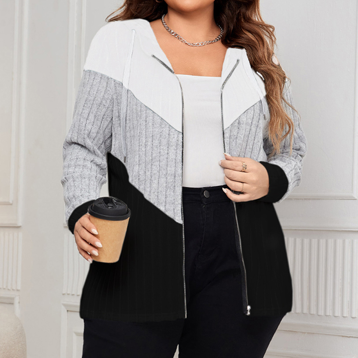 Colorblock Ribbed Knit Zip-Up Hoodie | Casual Curvy Long Sleeve Jacket