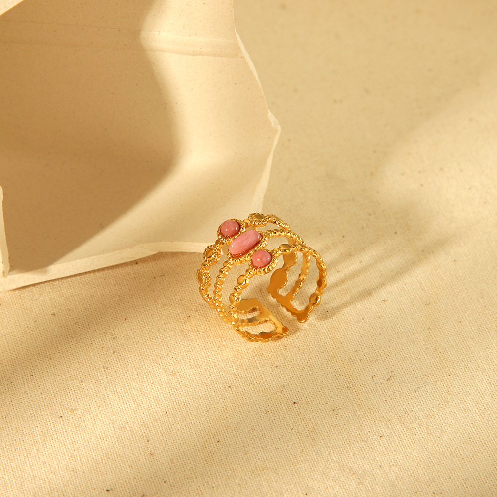 18K Gold Vintage Triple Beaded Open Cuff Ring with Natural Pink Stones