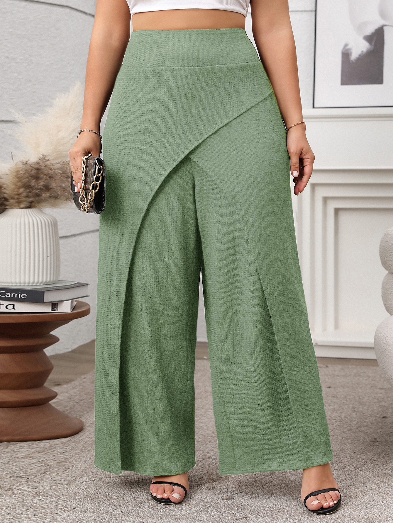 High Waisted Crisscross Front Slit Wide Leg Pants | Curvy Women's Flowy Palazzo Trousers
