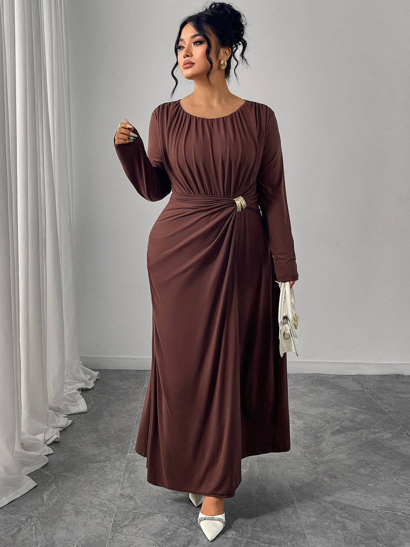 Ruched Waist Long Sleeve Maxi Dress | Elegant Curvy Formal Dress