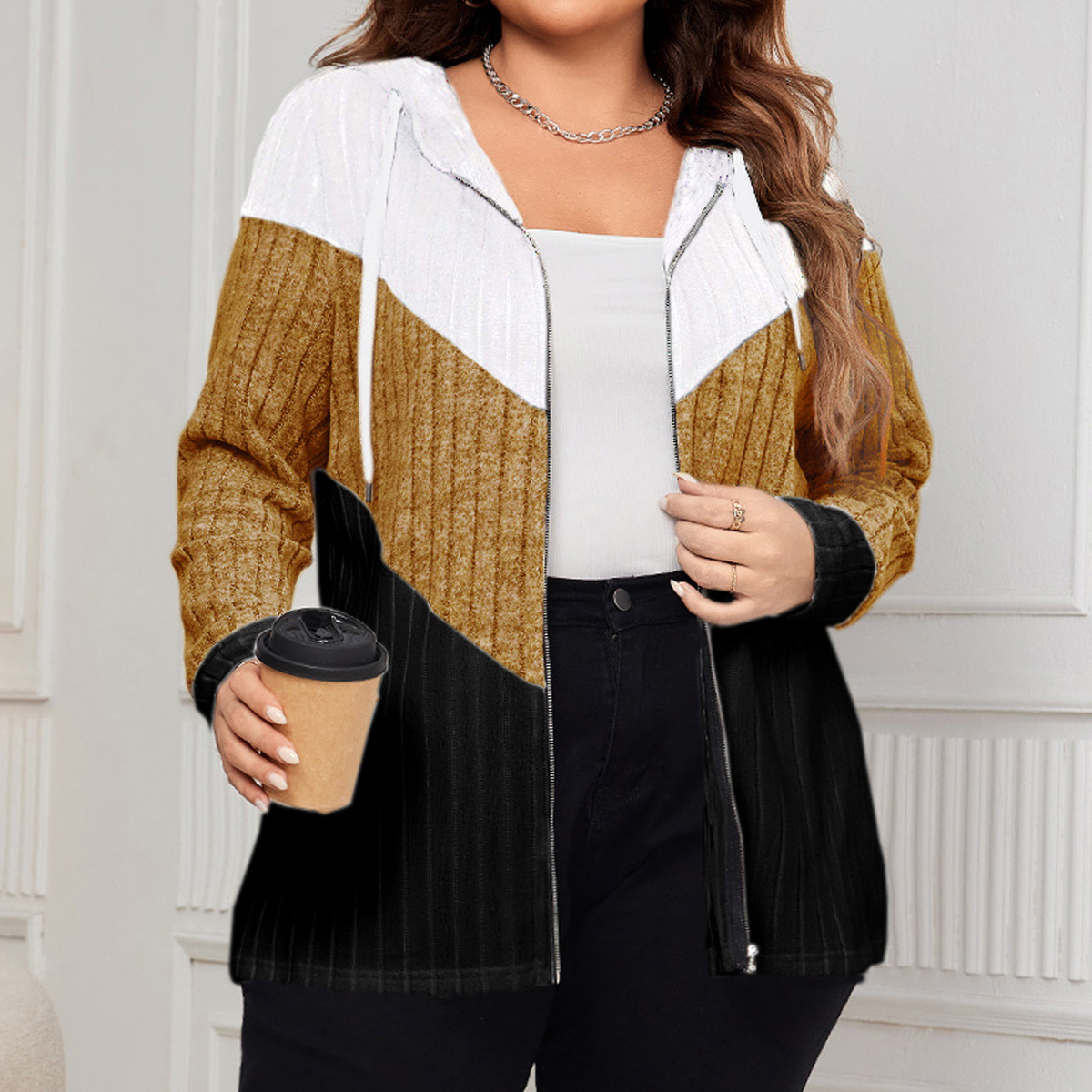 Colorblock Ribbed Knit Zip-Up Hoodie | Casual Curvy Long Sleeve Jacket