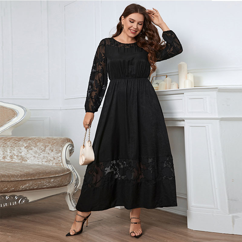 Lace Panel Long Sleeve Maxi Dress | Elegant Black Curvy Evening Dress