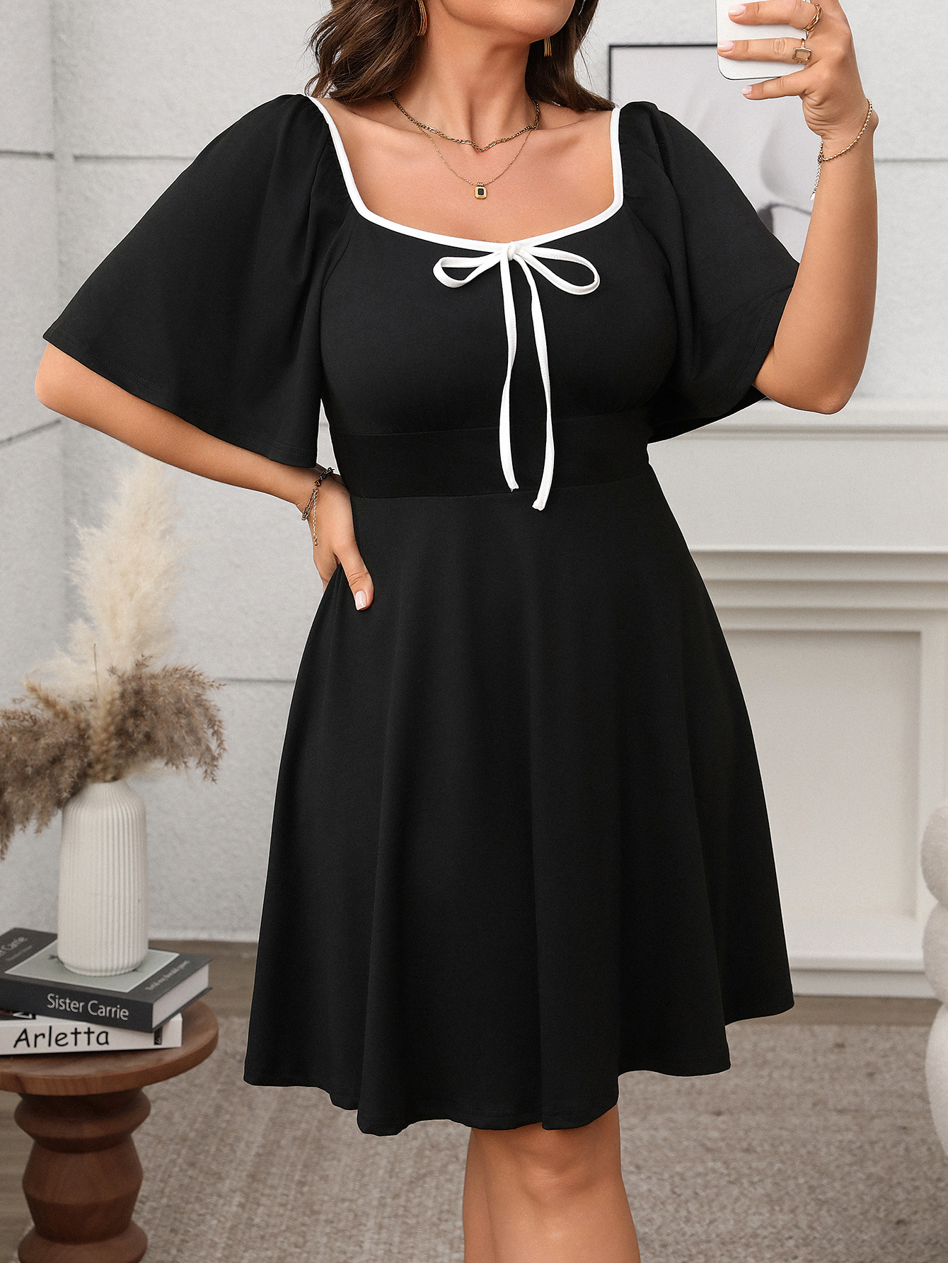 Contrast Bow Square Neck Flare Sleeve A-Line Mini Dress | Curvy Women's Elegant Casual Dress