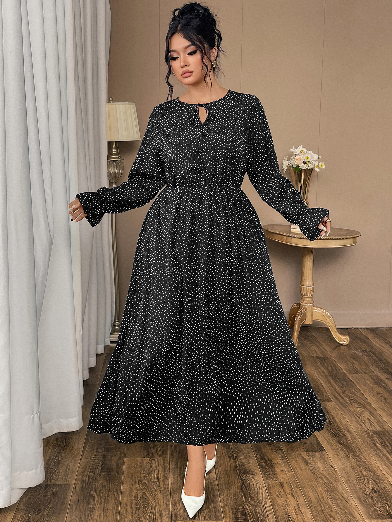 Polka Dot Tie Neck Long Sleeve Maxi Dress | Year-Round Casual Curvy A-Line Dress