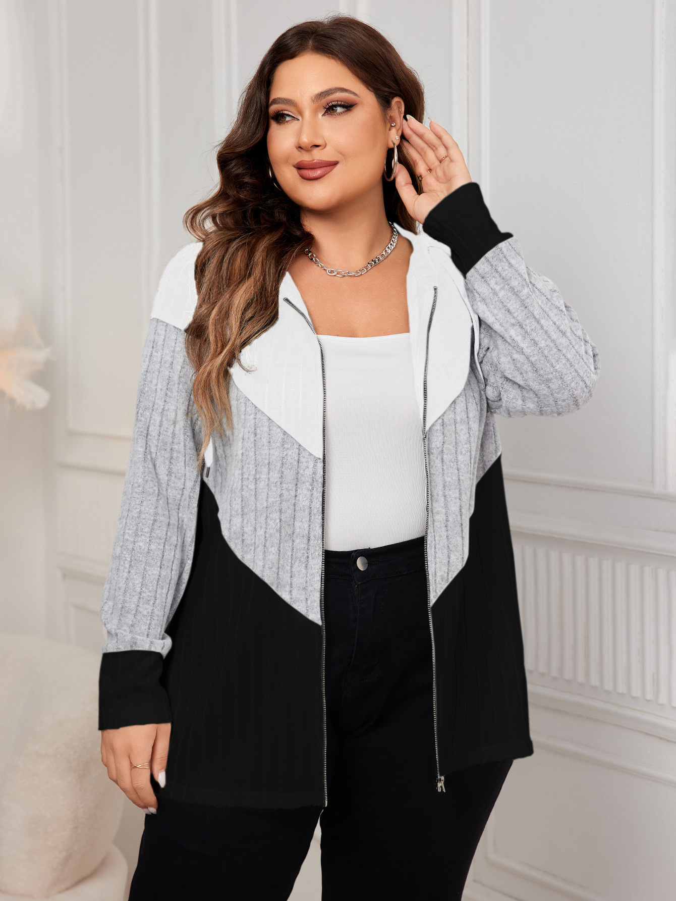 Colorblock Ribbed Knit Zip-Up Hoodie | Casual Curvy Long Sleeve Jacket