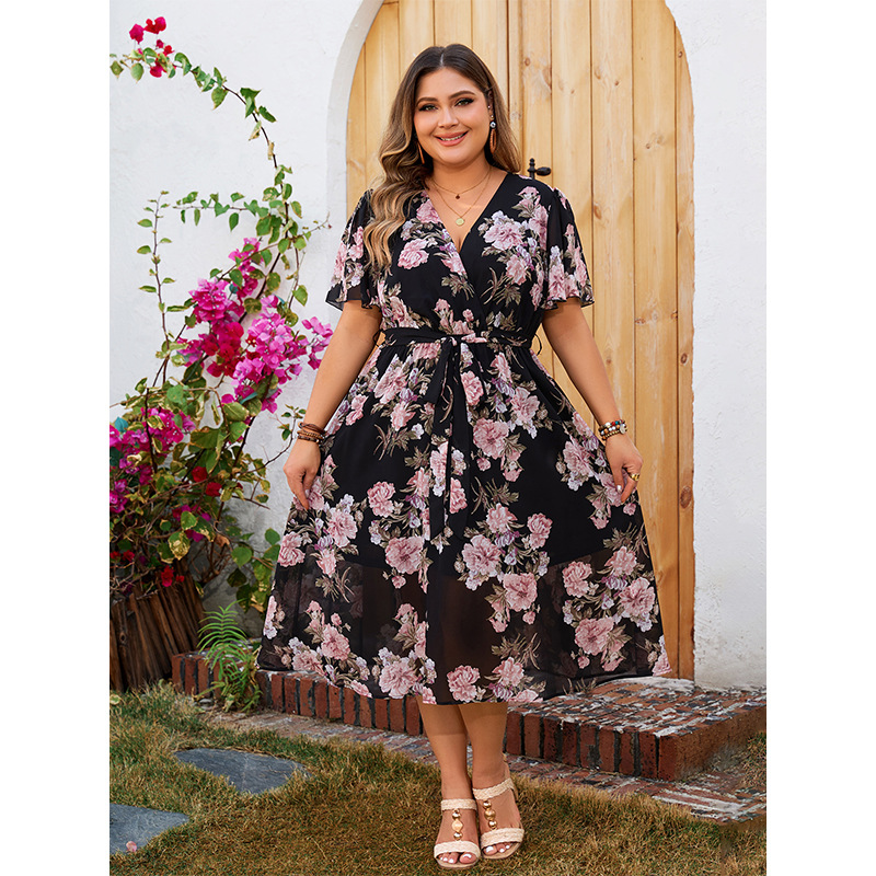 Floral Wrap V-Neck Chiffon Midi Dress | Curvy Women's Flowy Short Sleeve Dress