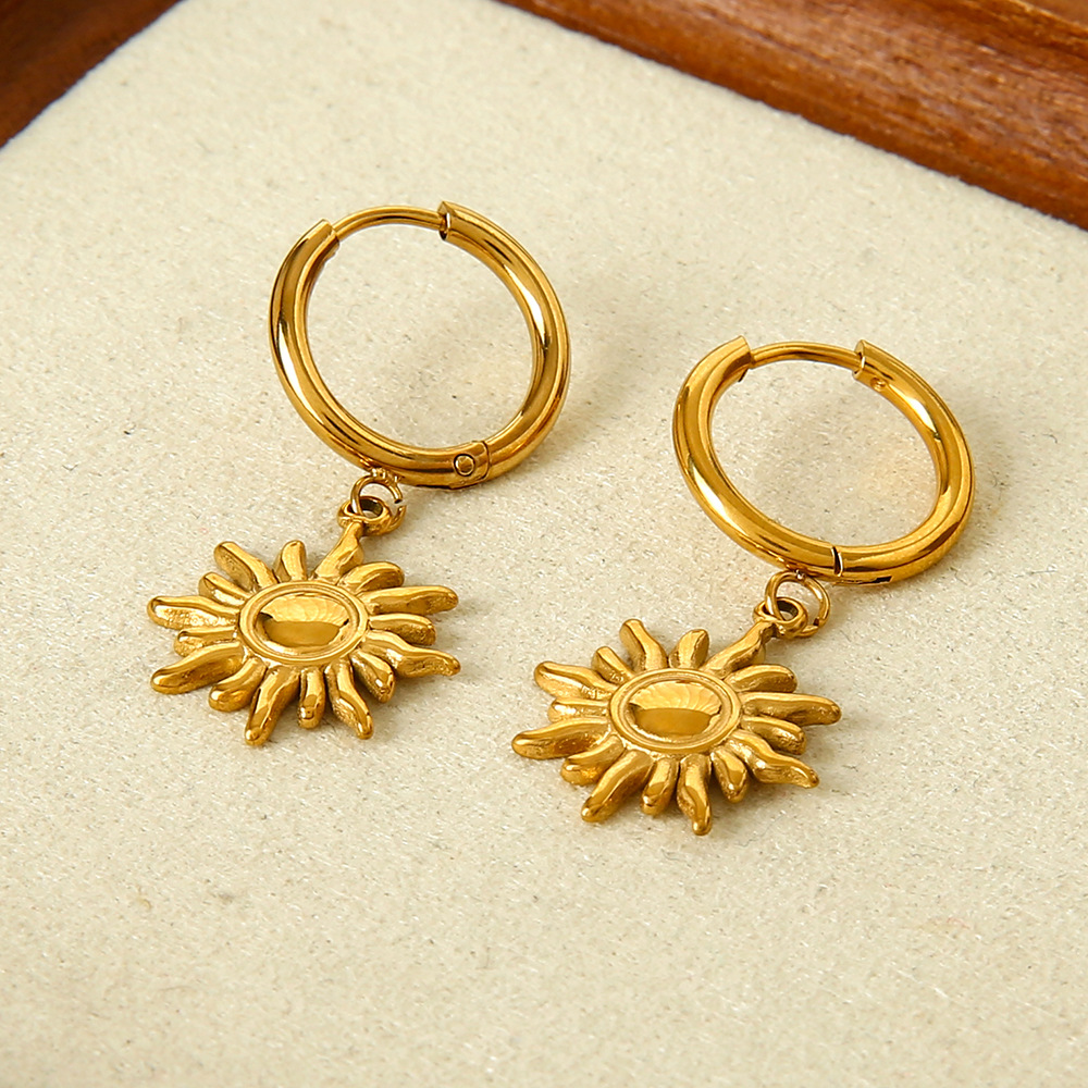 Vintage Sun Charm Huggie Drop Hoop Earrings