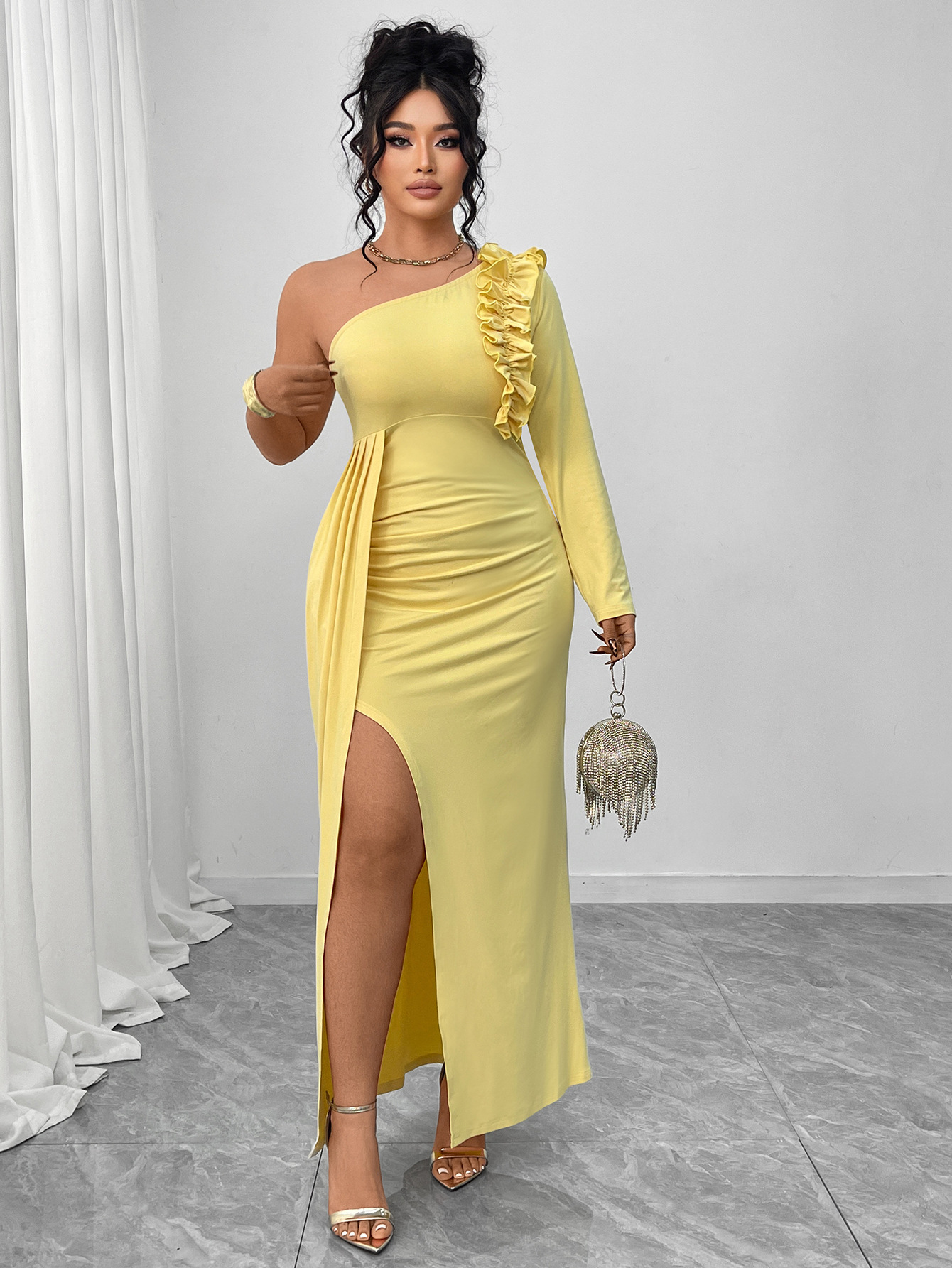 One-Shoulder Ruffle Slit Maxi Dress | Curvy Women's Elegant Formal Party Dress