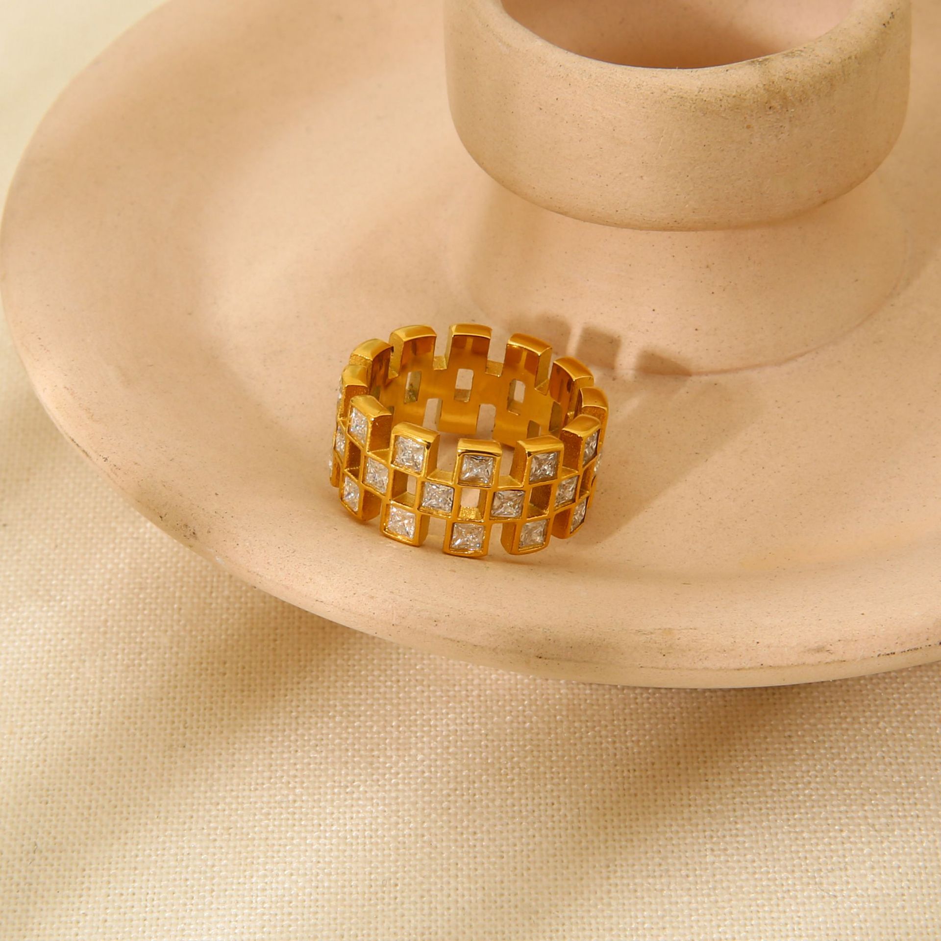 Hollow Grid Cubic Zirconia Wide Band Ring