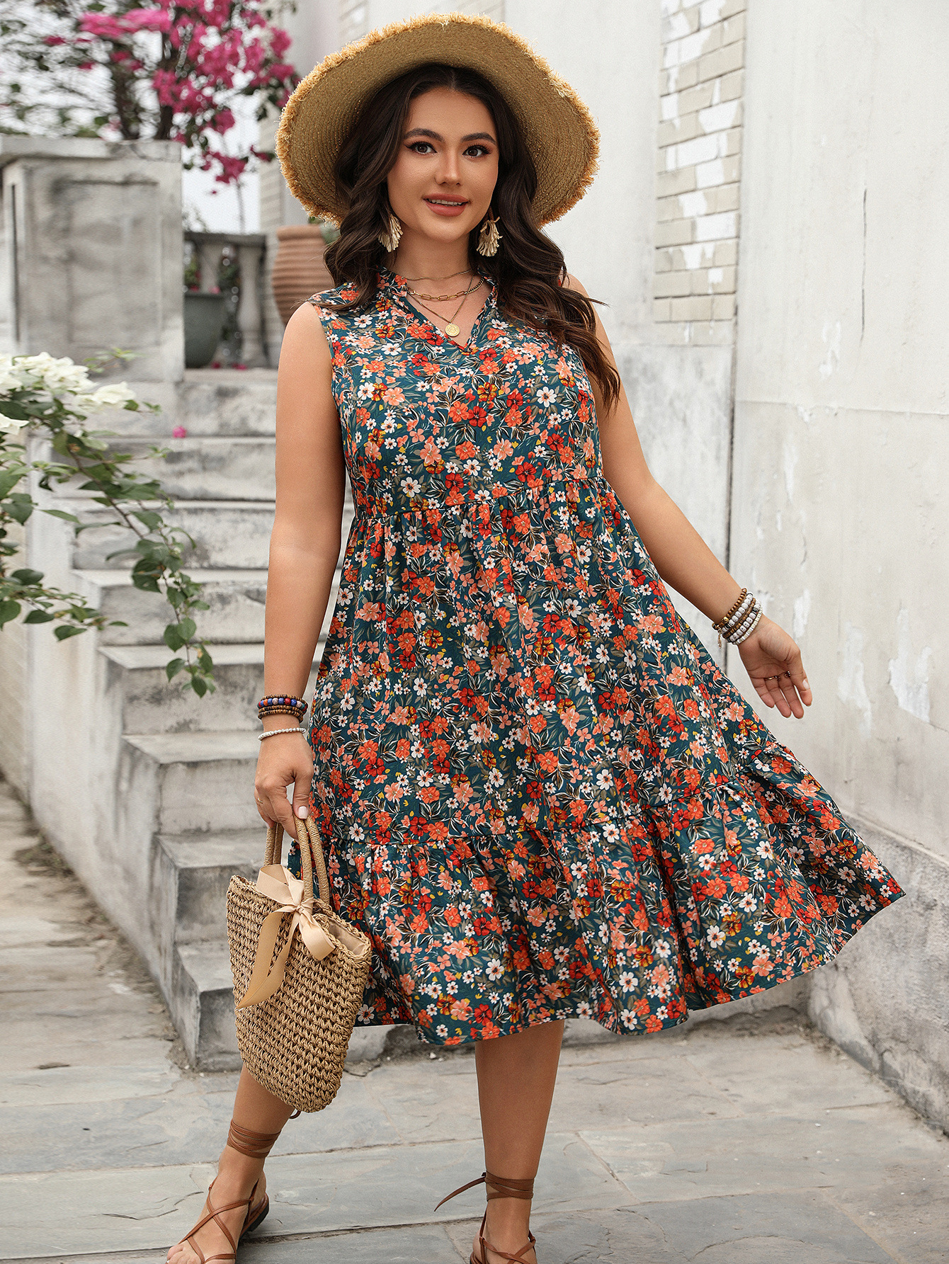 Floral Notched Neck Sleeveless Tiered Midi Dress | Curvy Women's Casual Summer Dress
