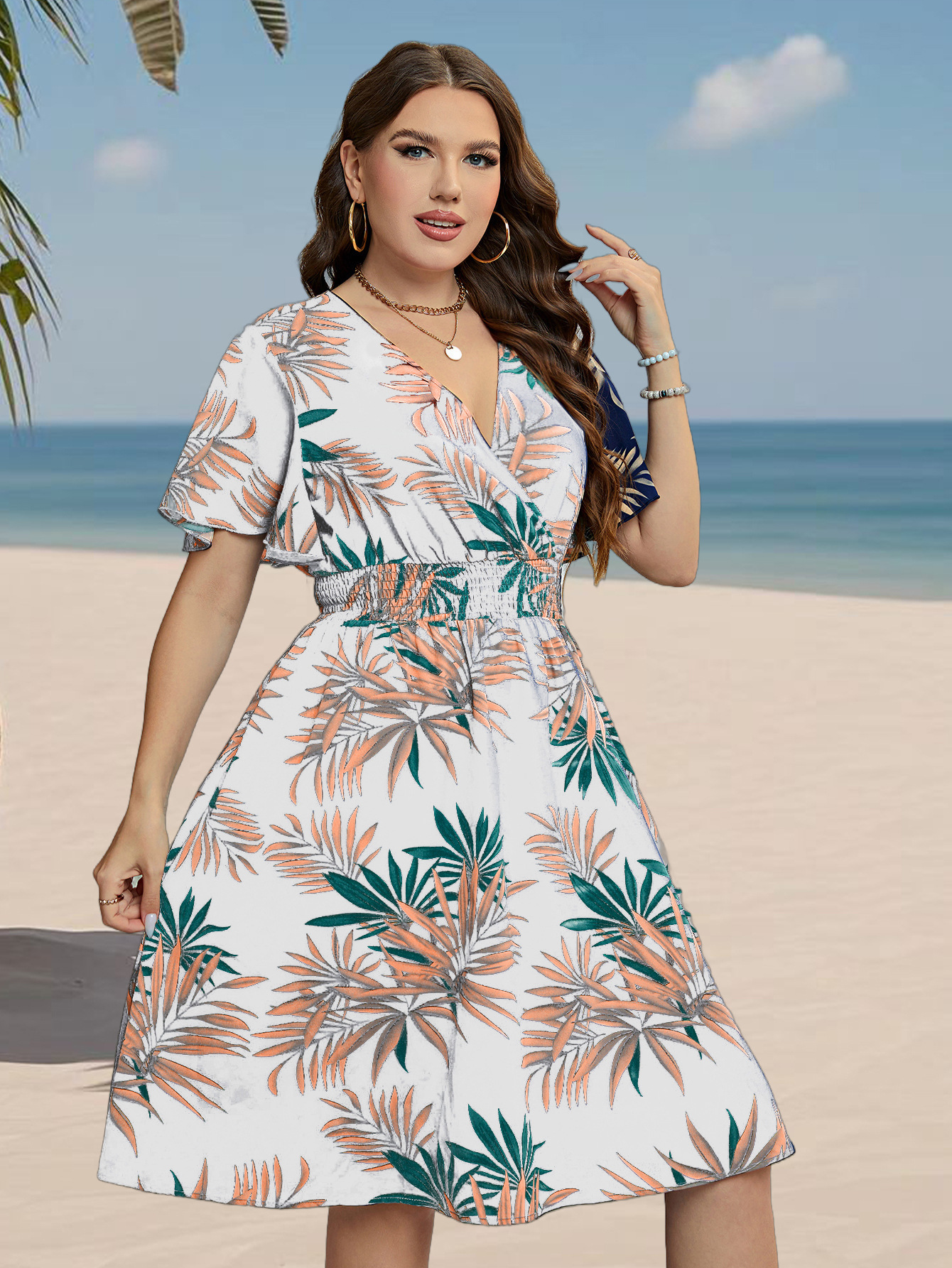Tropical Palm Print Surplice V-Neck Flutter Sleeve Midi Dress | Curvy Vacation Casual Dress