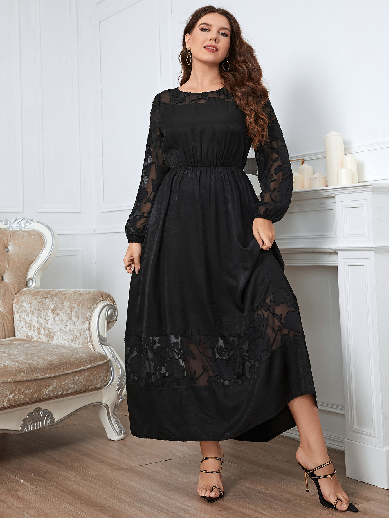 Lace Panel Long Sleeve Maxi Dress | Elegant Black Curvy Evening Dress