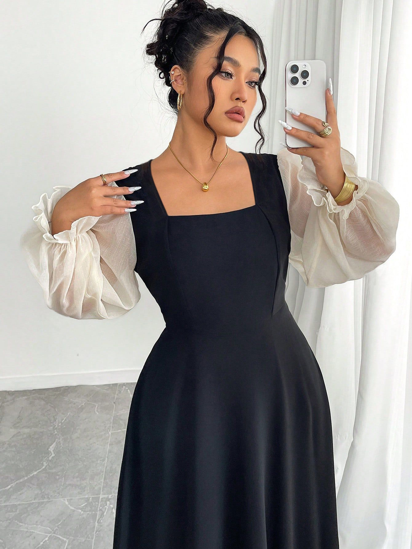 Contrast Sheer Puff Sleeve Square Neck Midi Dress | Curvy Women's Elegant A-Line Dress