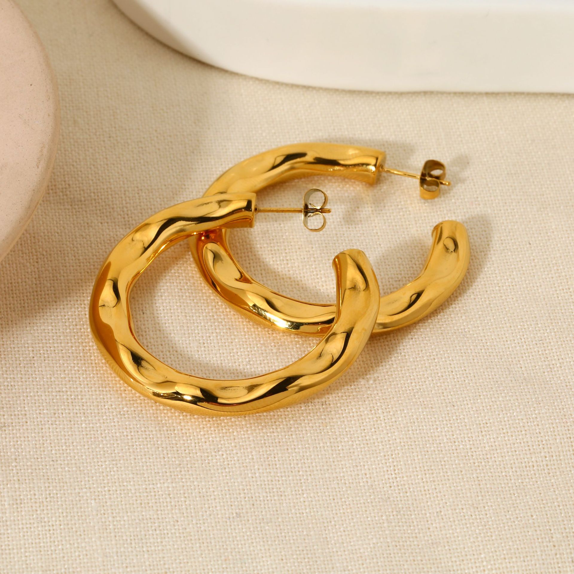 Hammered Irregular Open Hoop 18K Gold Earrings