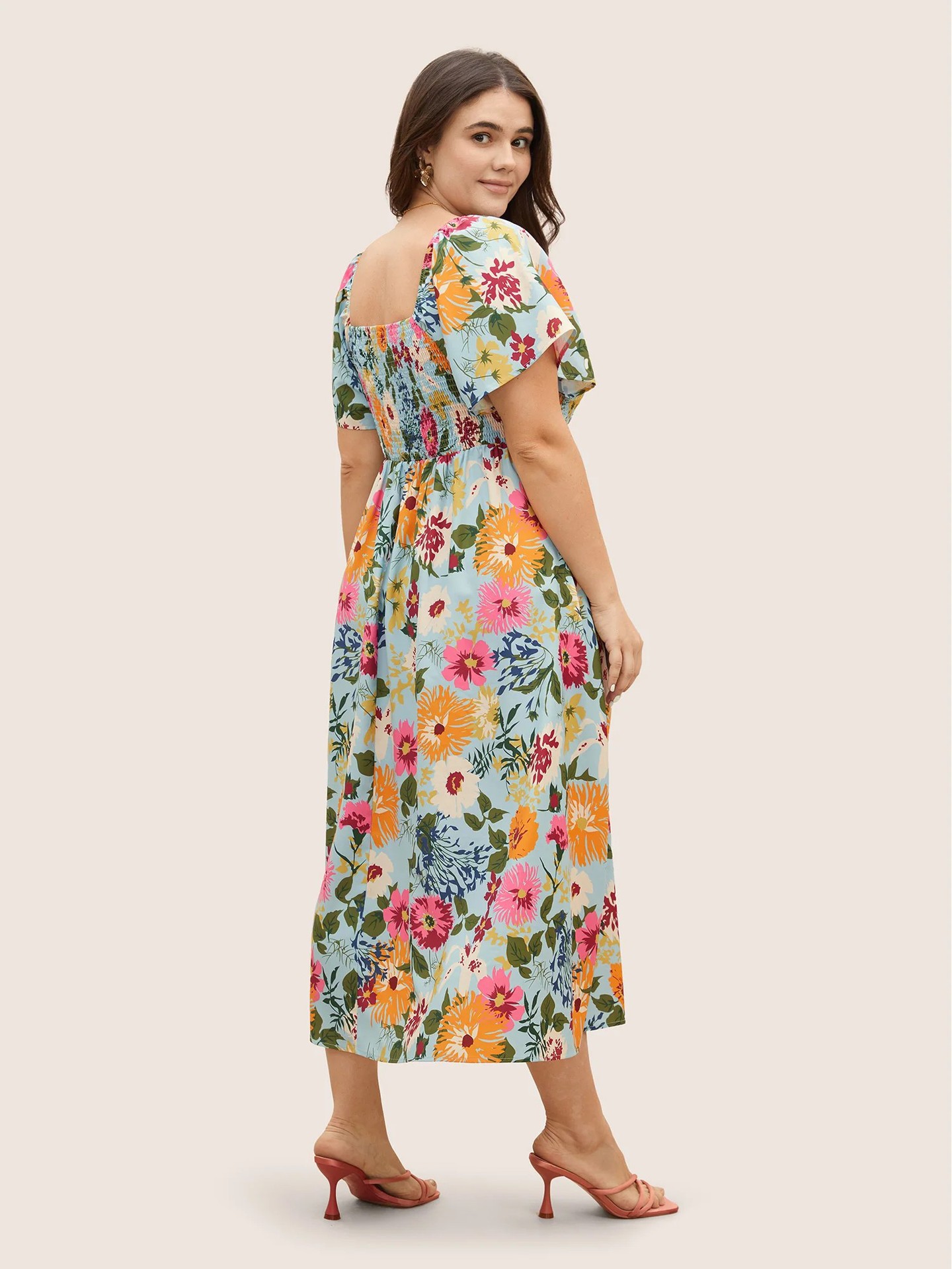 Floral Square Neck Smocked Puff Sleeve Midi Dress | Curvy Women's Casual & Vacation Dress