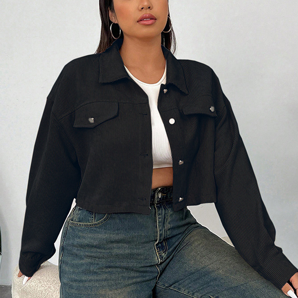 Corduroy Cropped Button-Down Jacket | Casual Plus Size Trucker Coat