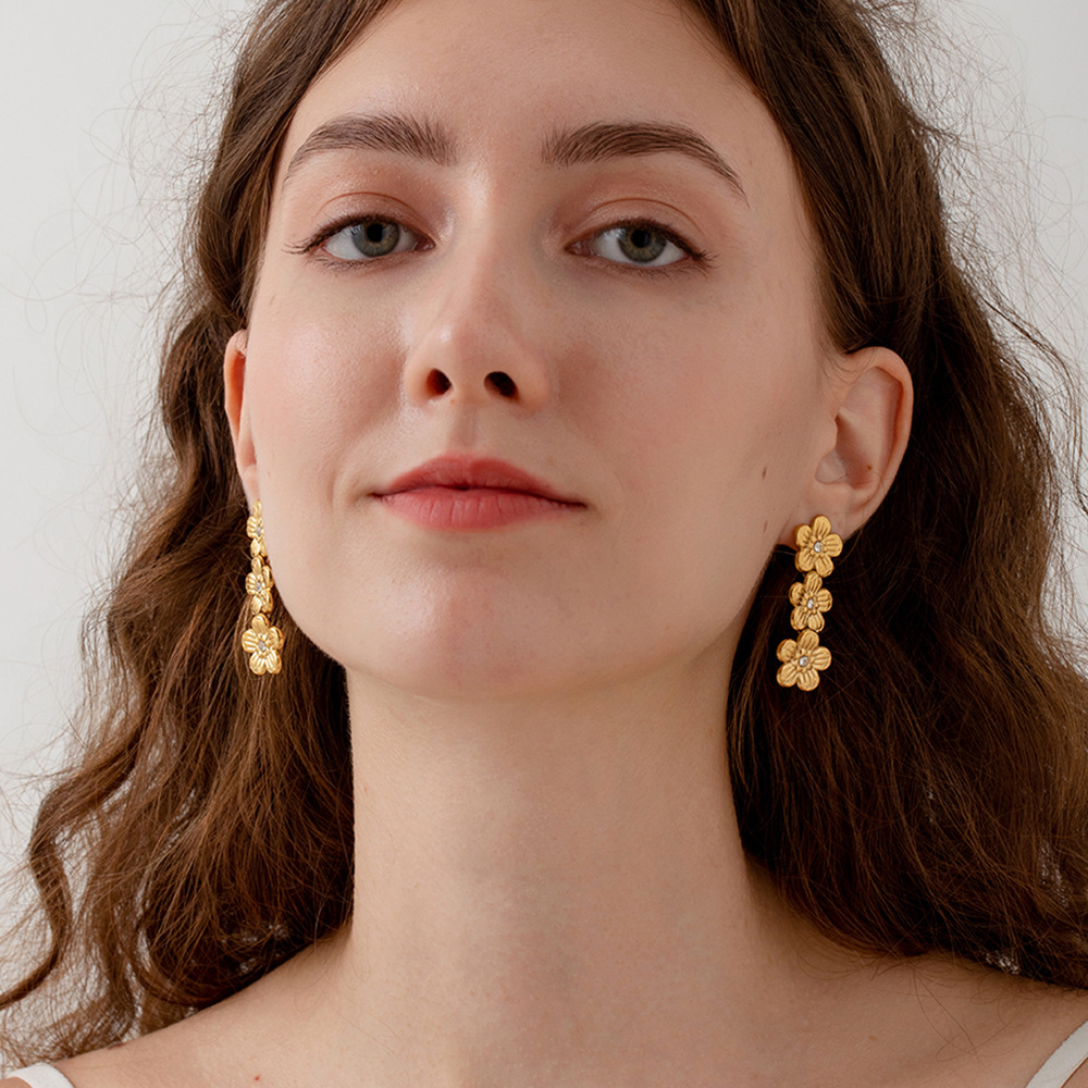 Triple Flower Crystal Drop Dangle Earrings