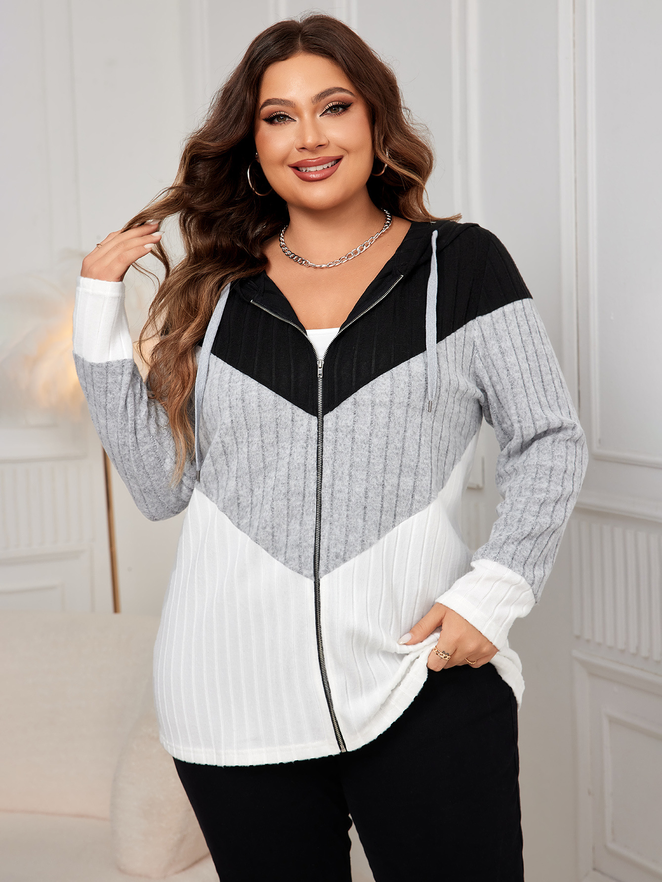 Colorblock Ribbed Knit Zip-Up Hoodie | Casual Curvy Long Sleeve Jacket