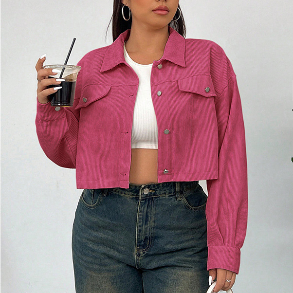 Corduroy Cropped Button-Down Jacket | Casual Plus Size Trucker Coat