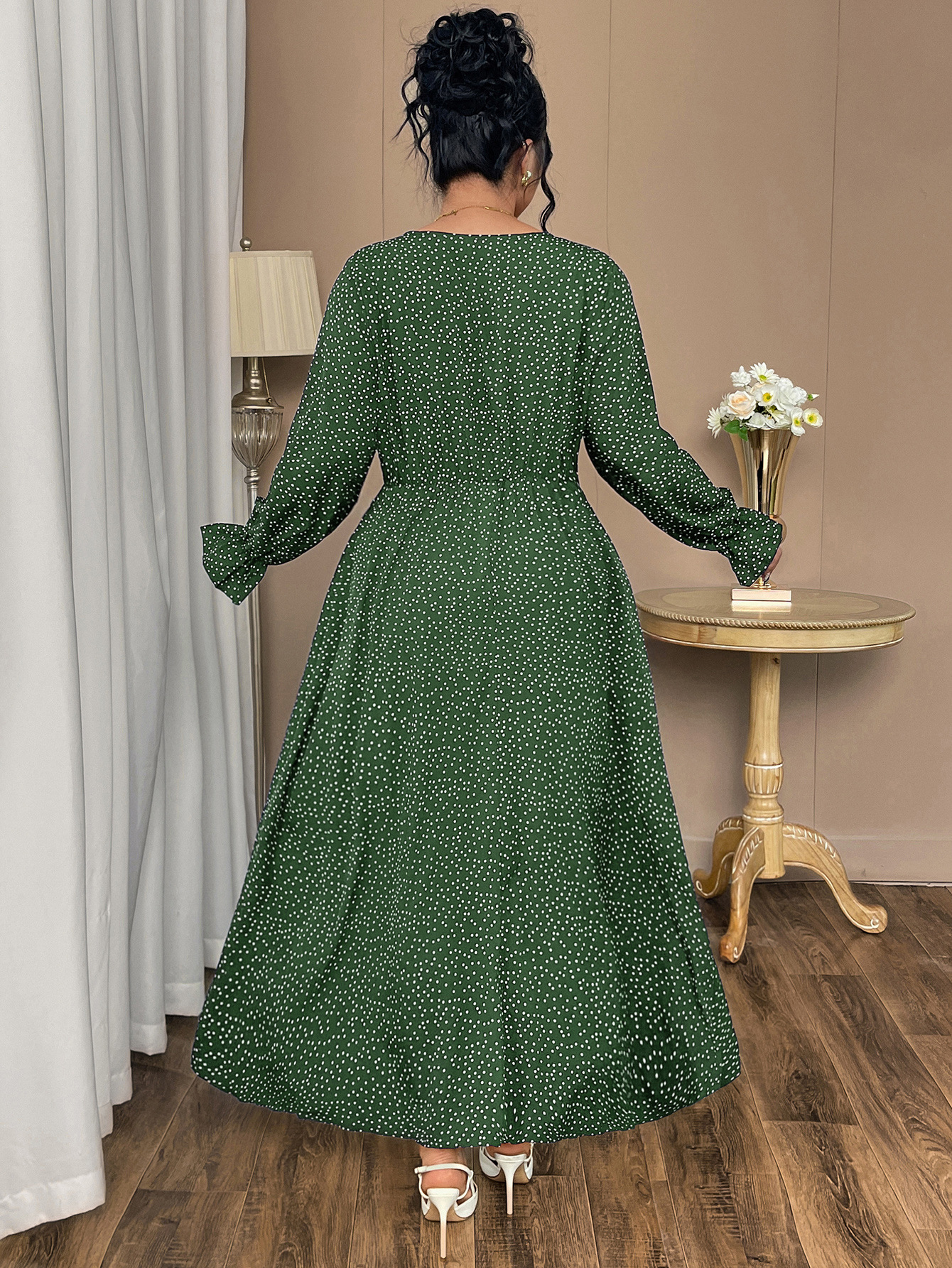 Polka Dot Tie Neck Long Sleeve Maxi Dress | Year-Round Casual Curvy A-Line Dress
