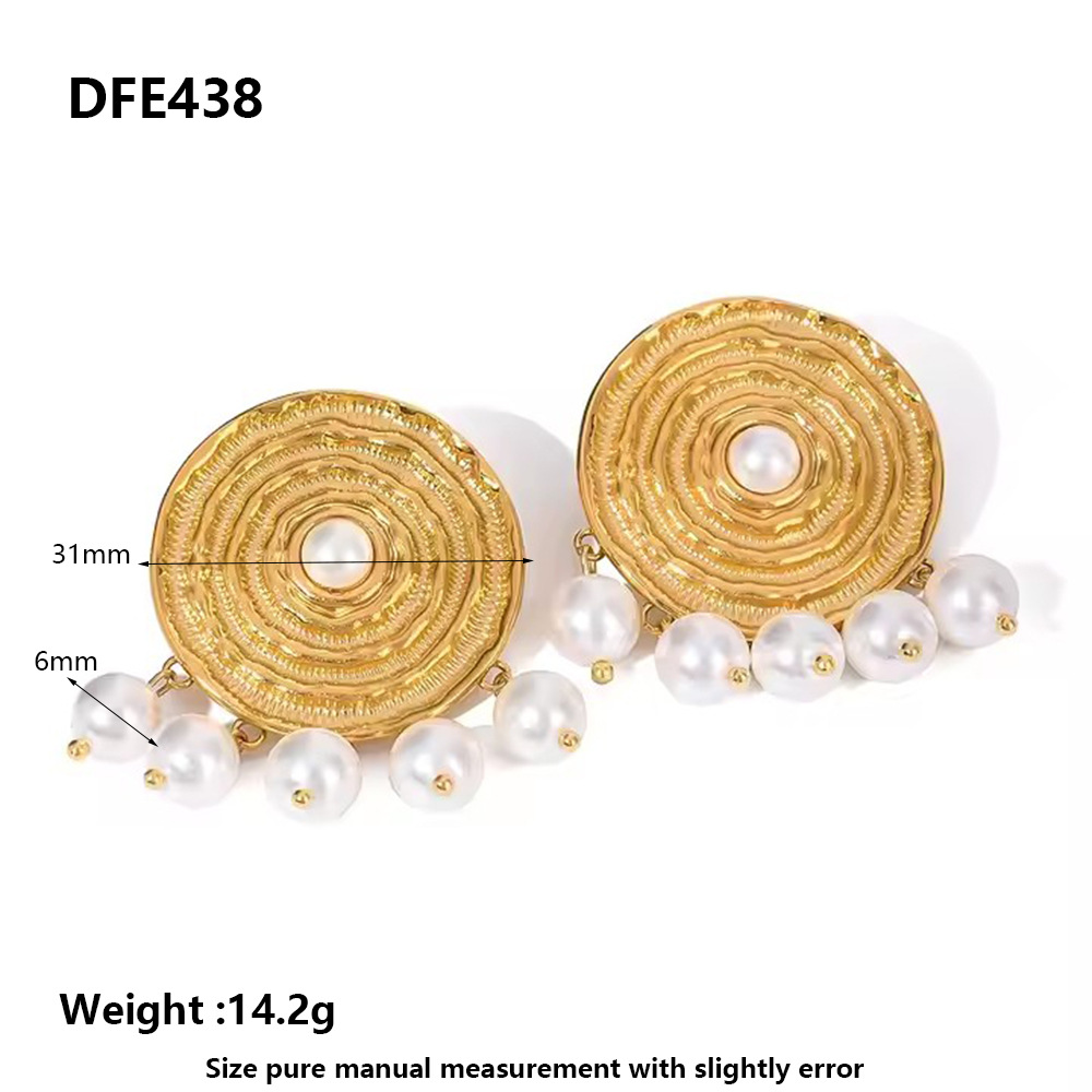 Vintage Concentric Disc Pearl Drop Stud Earrings