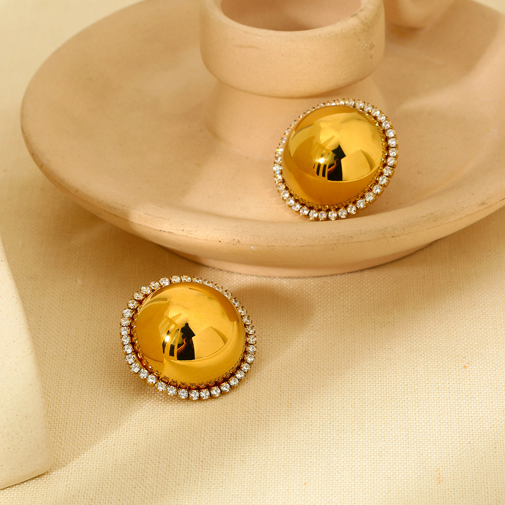 Dome Ball Halo Zircon Border Gold Statement Stud Earrings