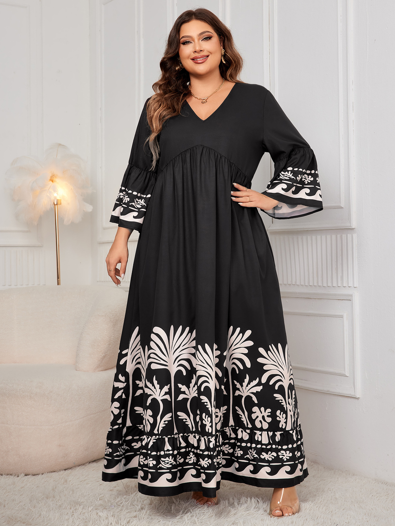 Tropical Print V-Neck Flare Sleeve Maxi Dress | Curvy Women's Resort Wear