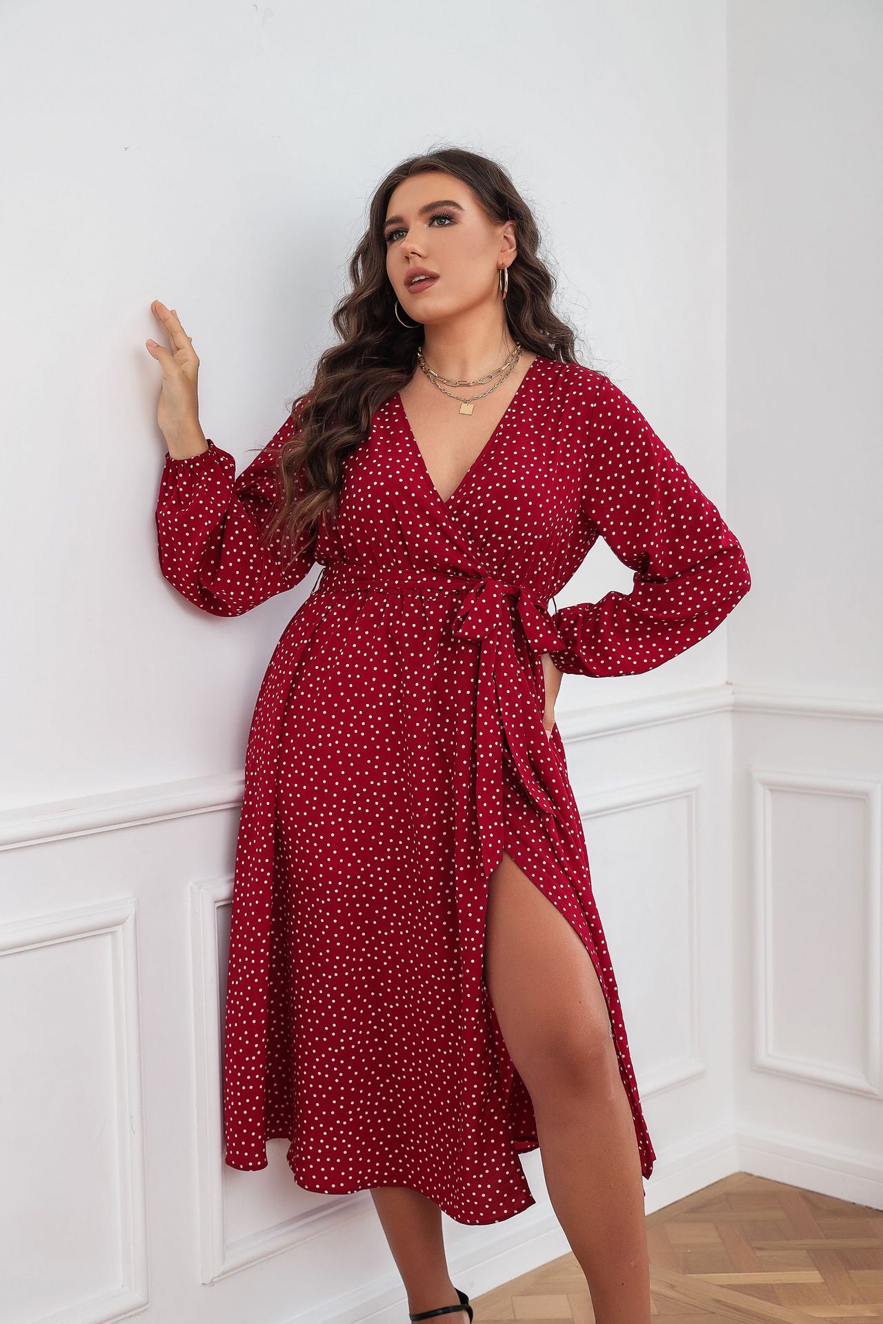 Polka Dot Wrap V-Neck Long Sleeve Midi Dress | Curvy Women's Flowy Slit Dress
