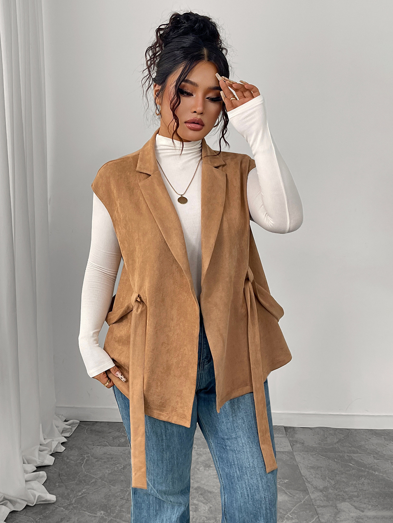 Faux Suede Belted Blazer Vest | Curvy Women's Sleeveless Outerwear