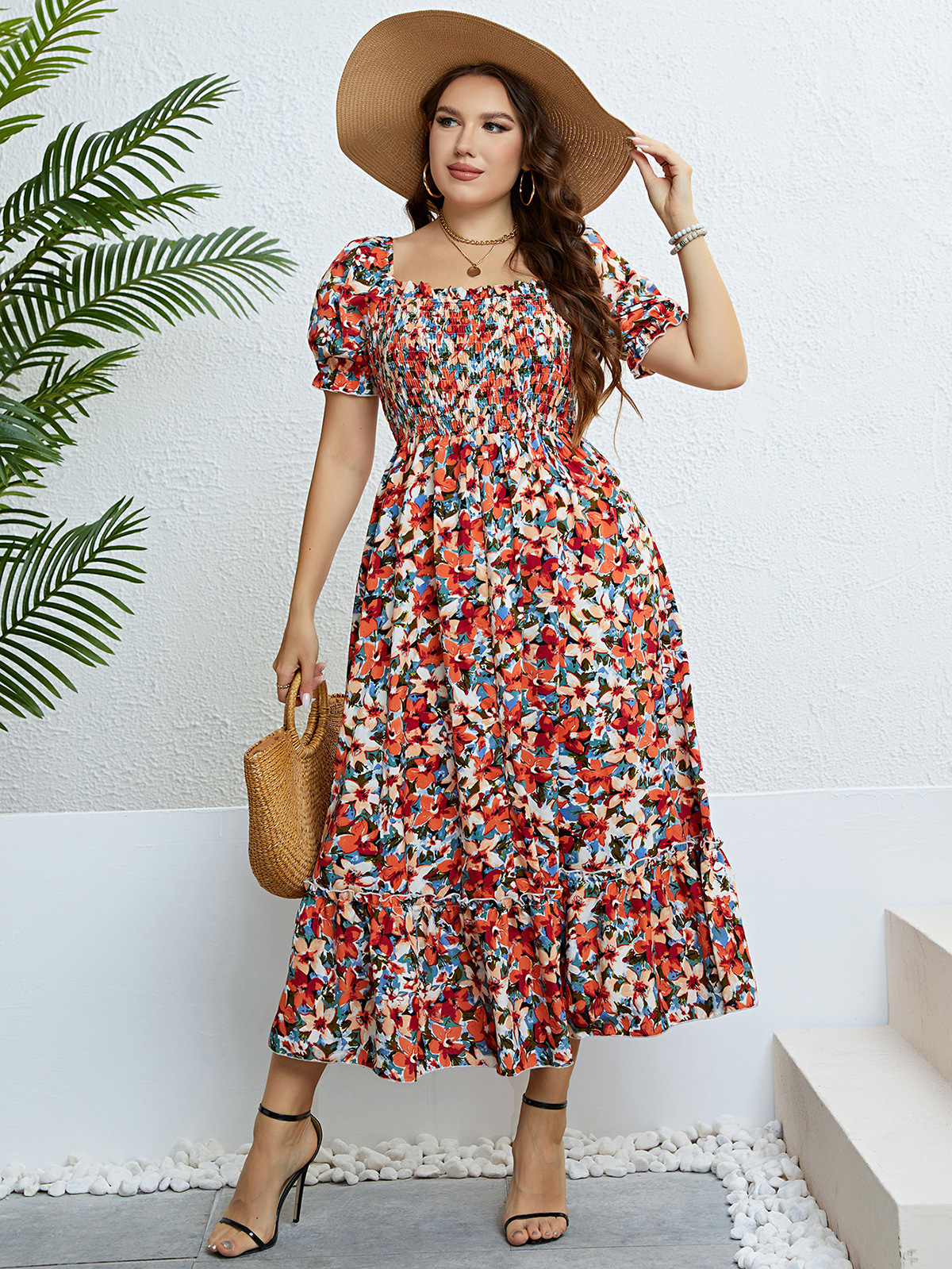 Floral Print Square Neck Smocked Waist Maxi Dress | Casual Curvy Summer Dress