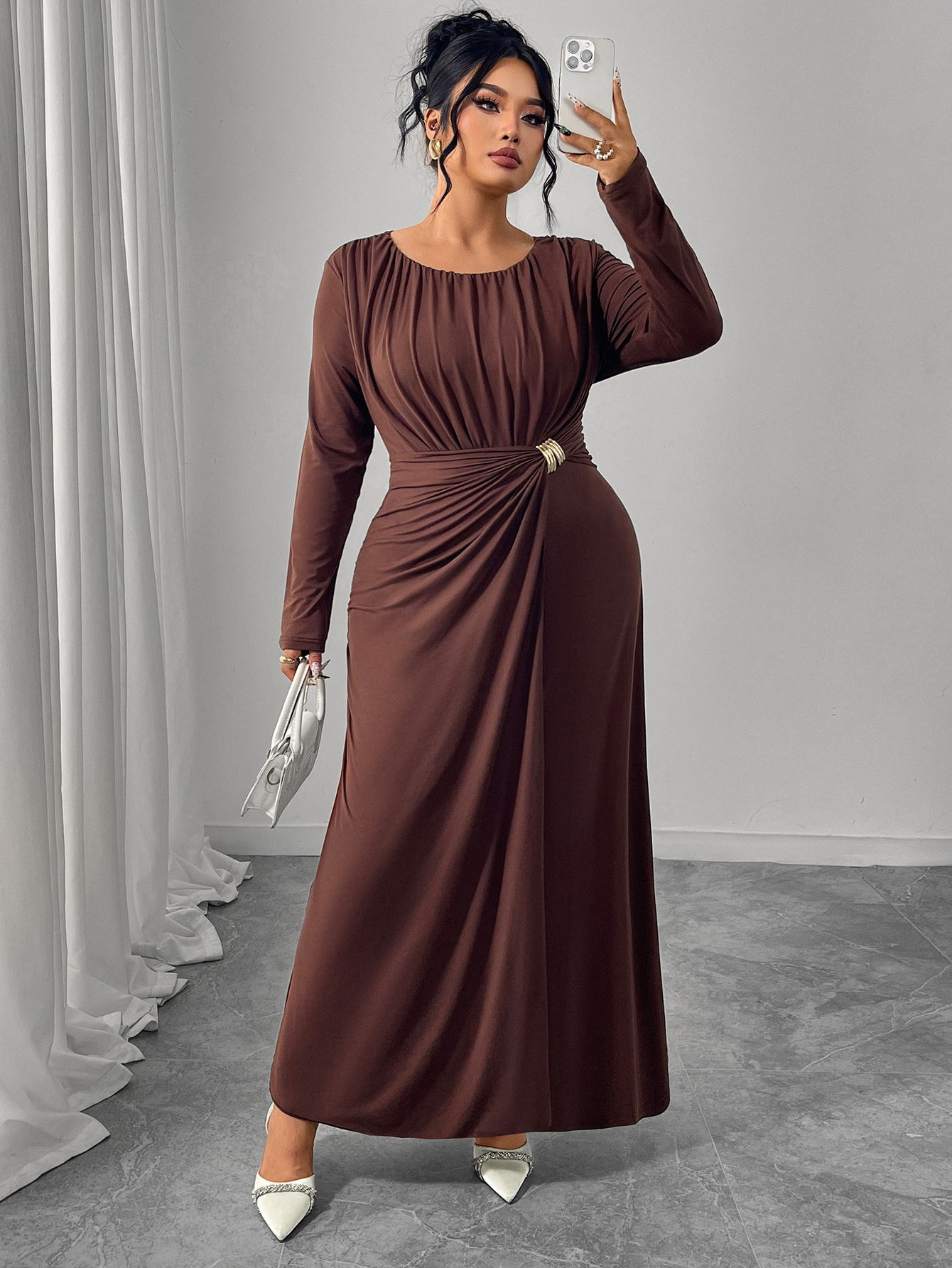 Ruched Waist Long Sleeve Maxi Dress | Elegant Curvy Formal Dress